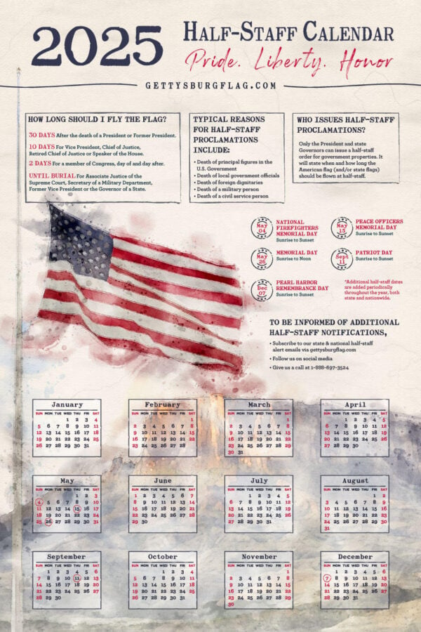 2025 Half Staff Calendar from Gettysburg Flag Works